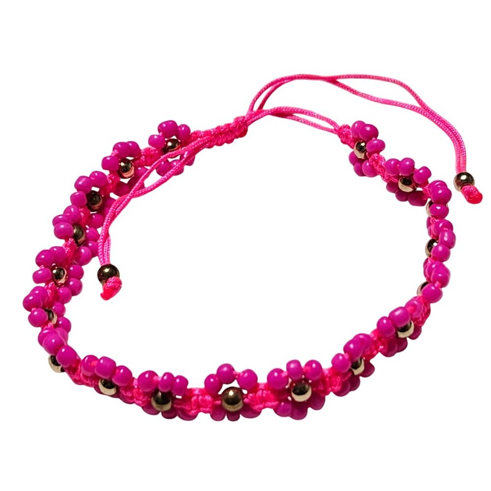 Boho Pink Flowers Beaded Adjustable Bracelet Gold Tone Accents Girls Jewelry
